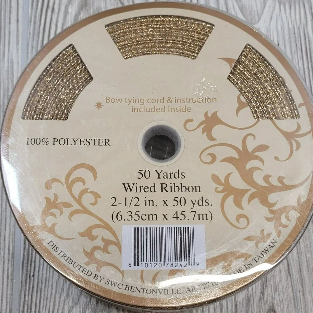 SWC Wired Ribbon 50 Yards‎ Cream Gold Glitter Floral Scroll 2.5 Inch Designer